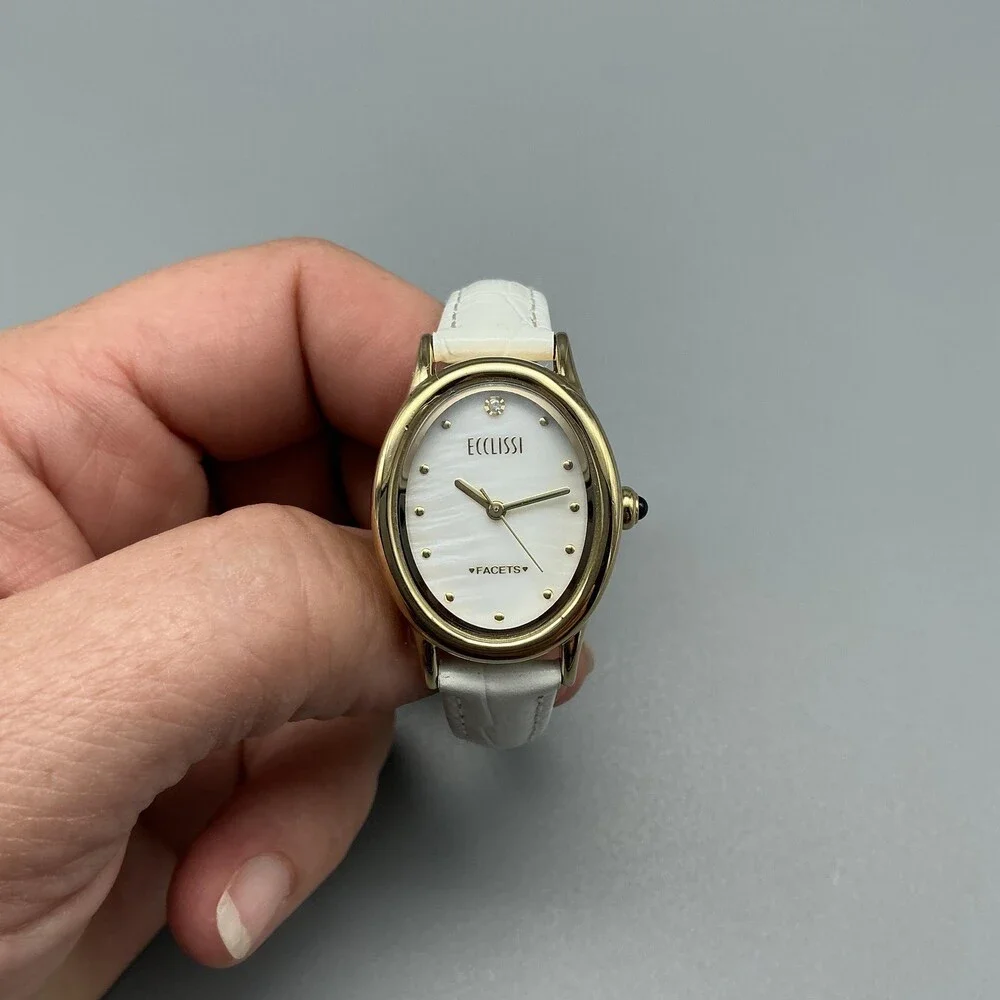 Ecclissi Facets Womens Watch 24mm MOP Dial Gold Tone Leather Diamond New Battery